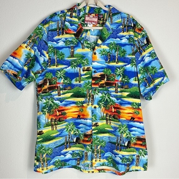 RJC Colorful Beach Scene Hawaiian Aloha Tiki Shirt 2XL - Picture 1 of 8